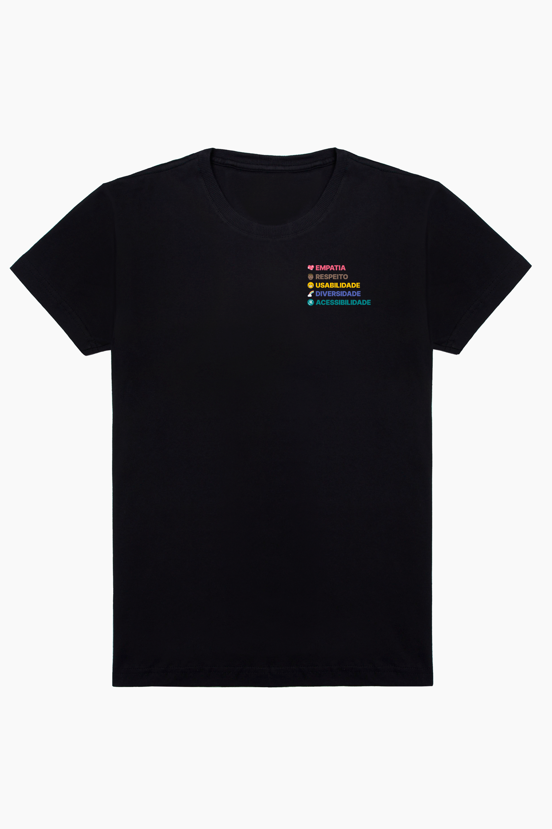 Reseprentação da Camiseta: 'Empatia, Respeito, Usabilidade, Diversidade e Acessibilidade'