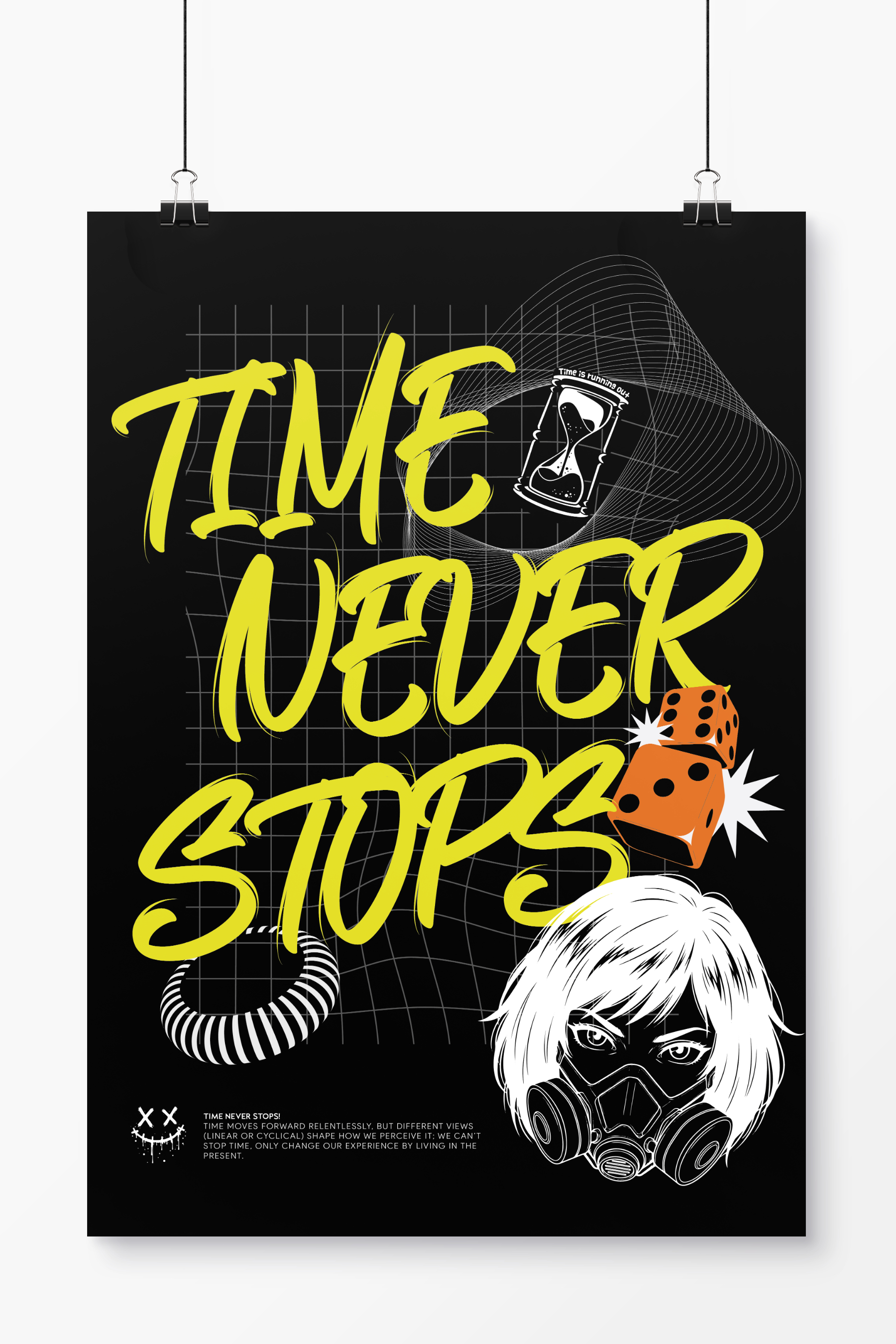 Poster Pôster Time Never Stops | Arte Cyberpunk Glitch - Bootstrap Store